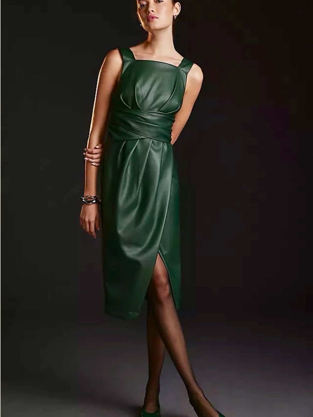 Maeve Anthropologie Faux Leather Green Pleated Wrap Midi Dress